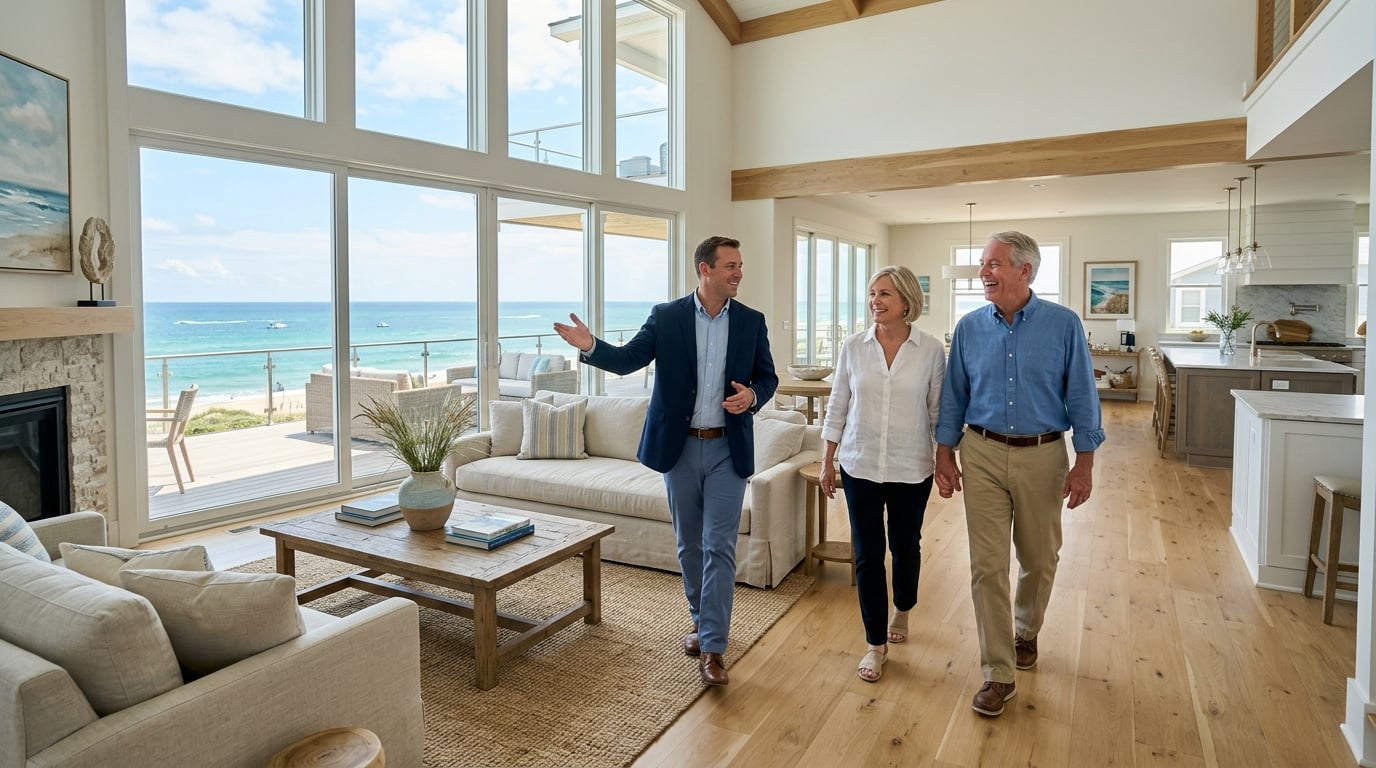 Luxury buyers touring an oceanfront home on the NC Coast with a real estate