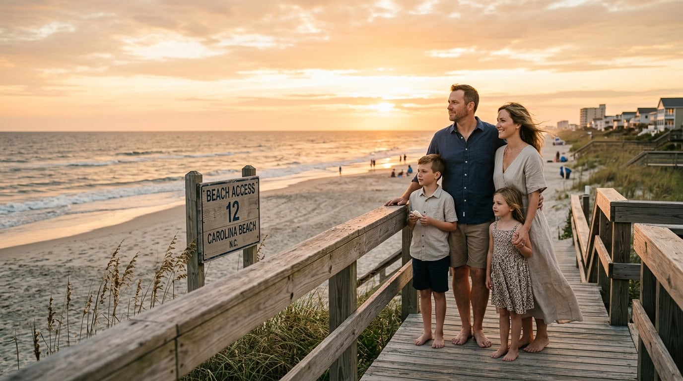 Family with kids enjoying Carolina Beach, NC at sunset near beach access boardwalk