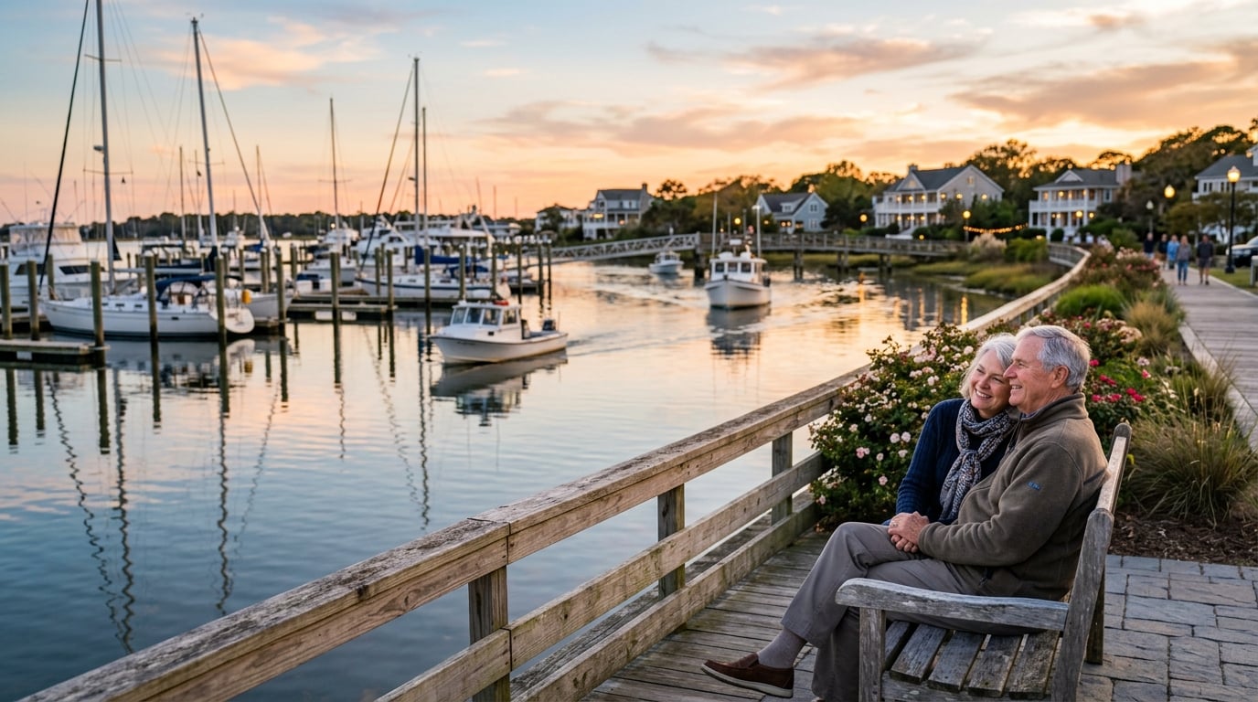 Retired couple enjoying waterfront views in Morehead City, NC coastal retirement lifestyle