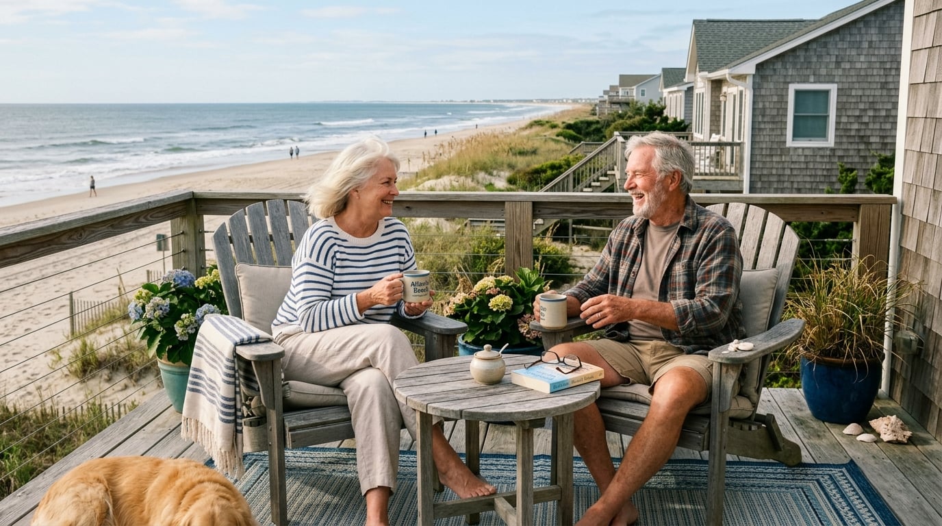 Retired couple relaxing on Atlantic Beach oceanfront deck enjoying coastal living year-round