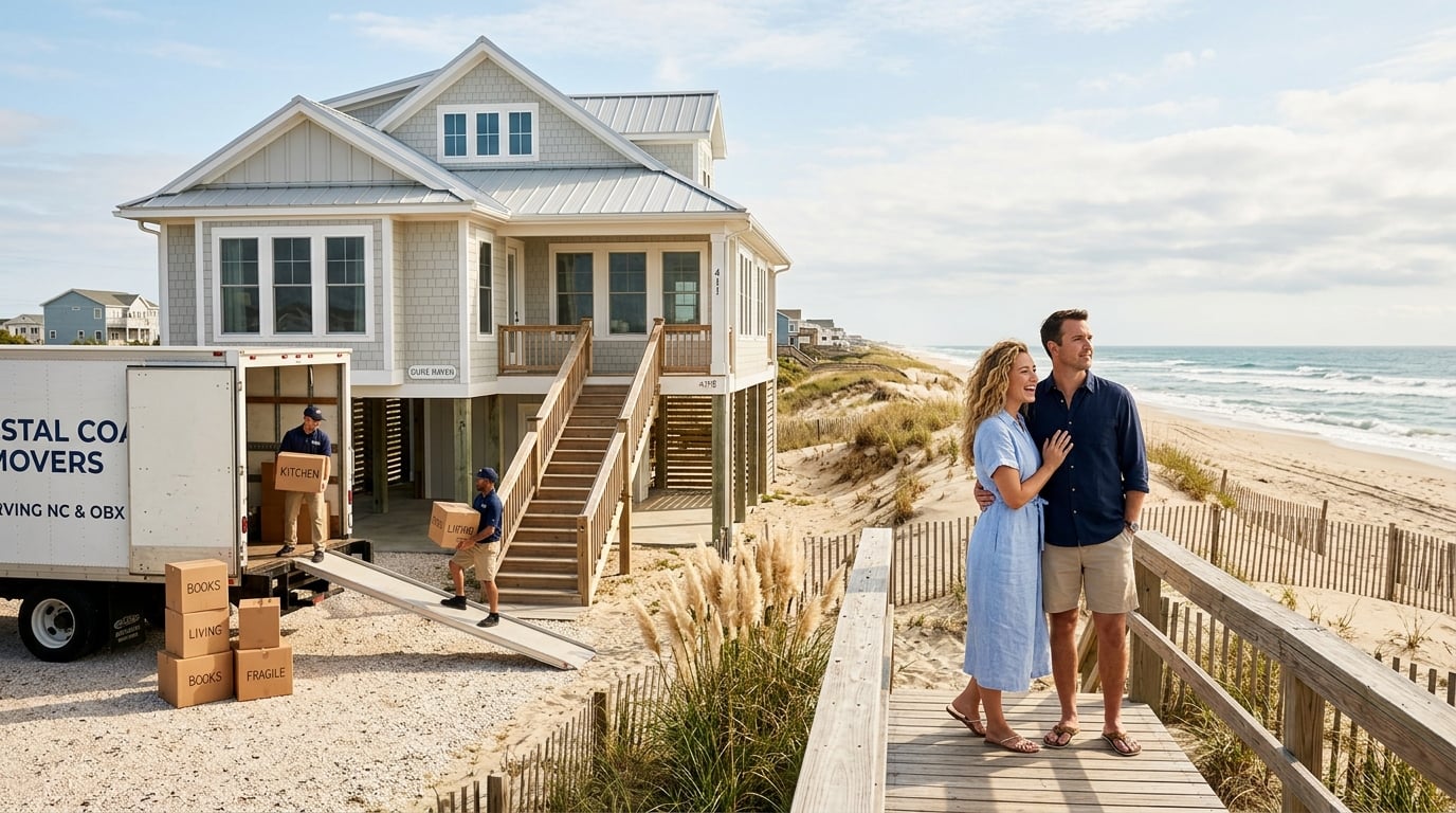 Couple moving into Surf City, NC beach home with movers unloading boxes by the ocean