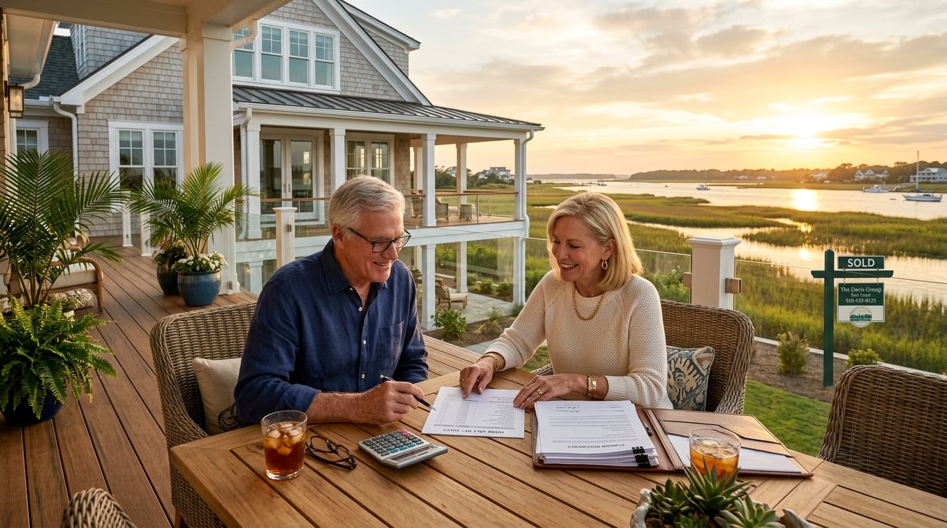 Couple reviewing seller closing costs at waterfront home in Oak Island, NC
