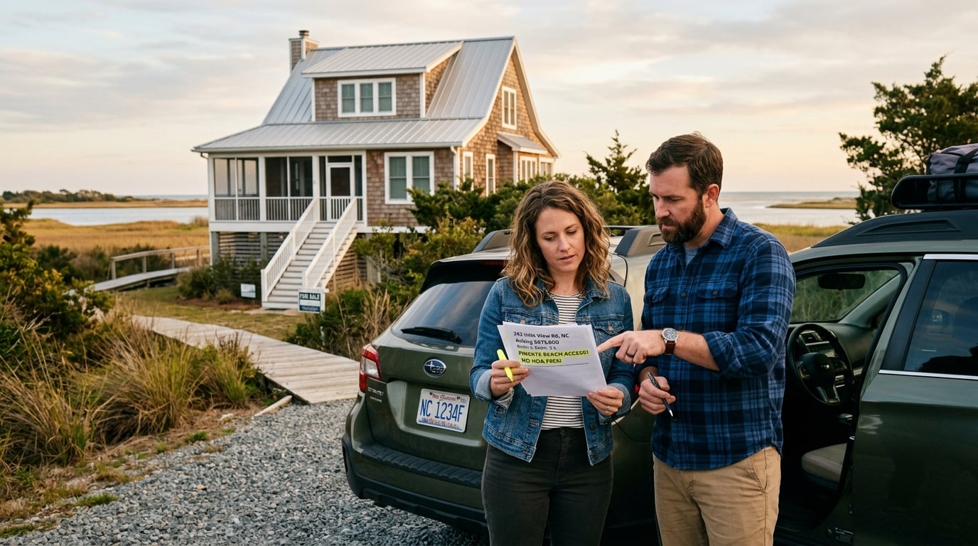 Couple reviewing Beaufort NC property decision to sell or rent near coastal home