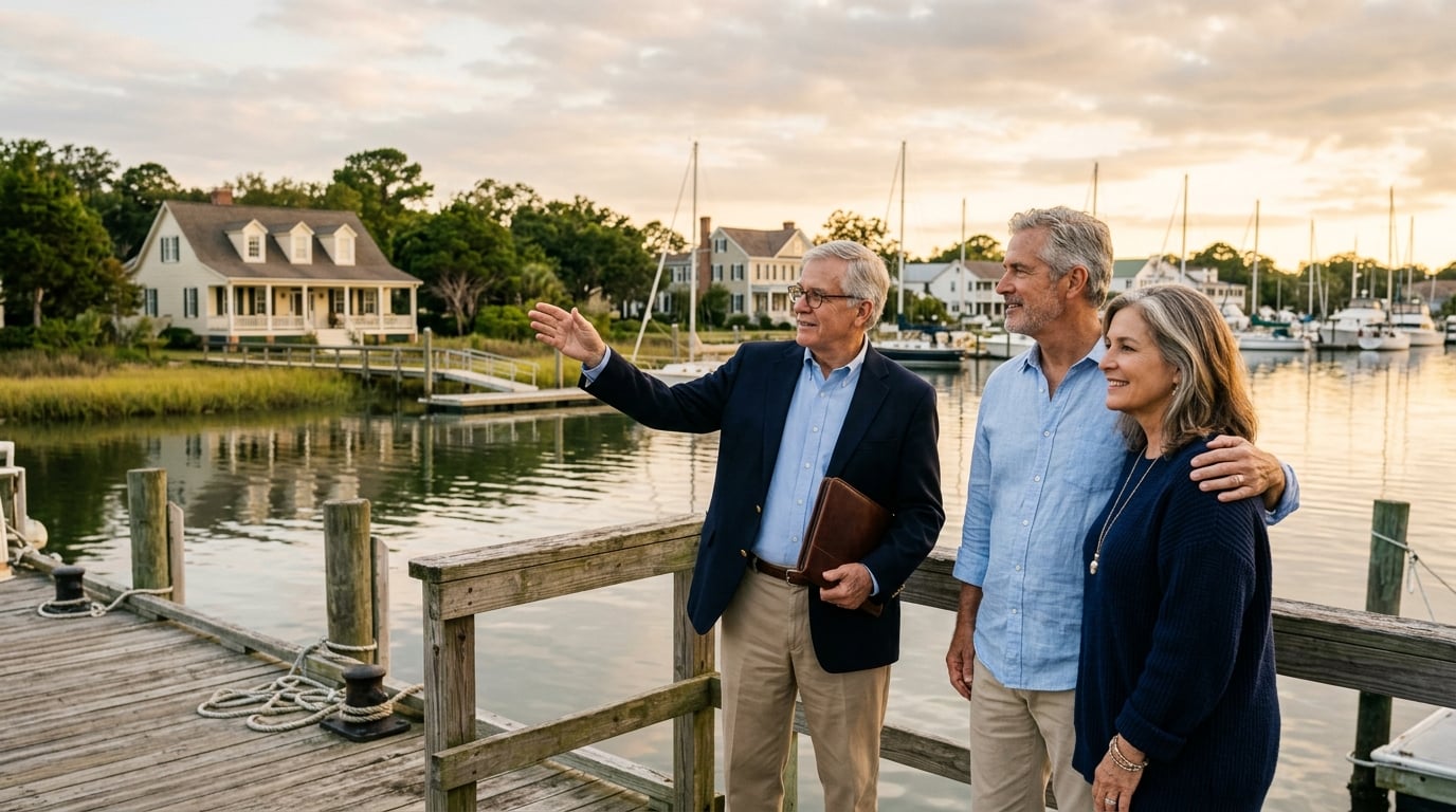 Advisor showing couple Beaufort, NC waterfront investment property