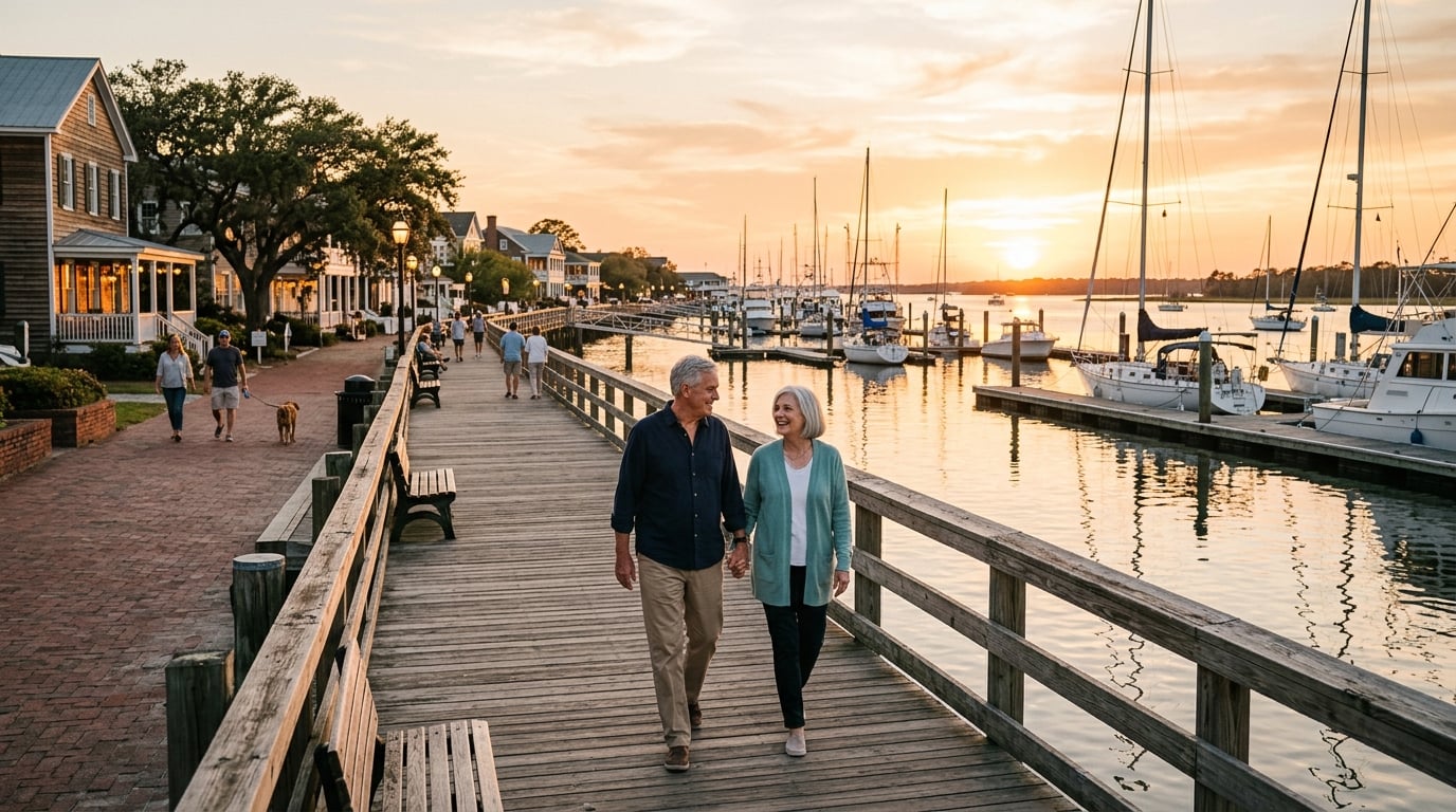 Retired couple walking Beaufort, NC waterfront at sunset near marina