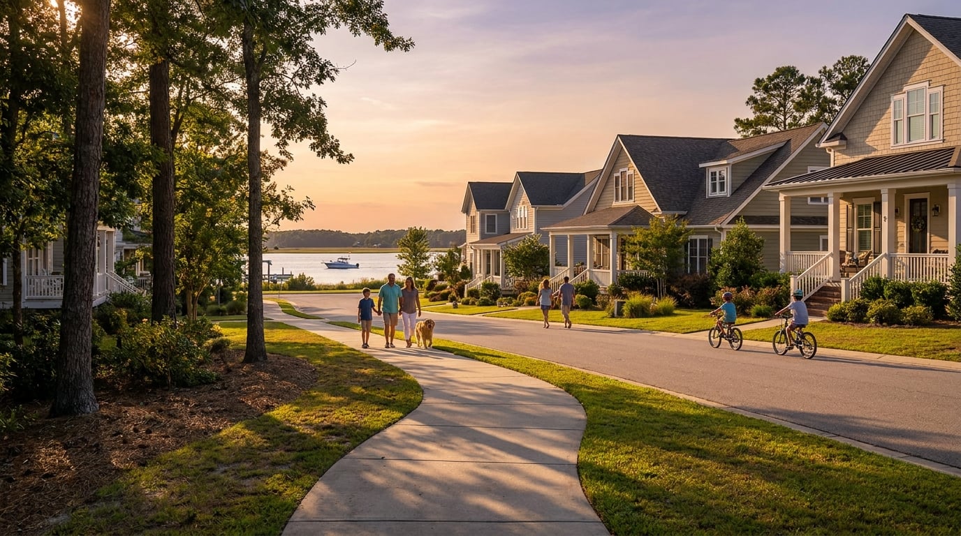 Swansboro waterfront neighborhood with homes, families, and sunset views