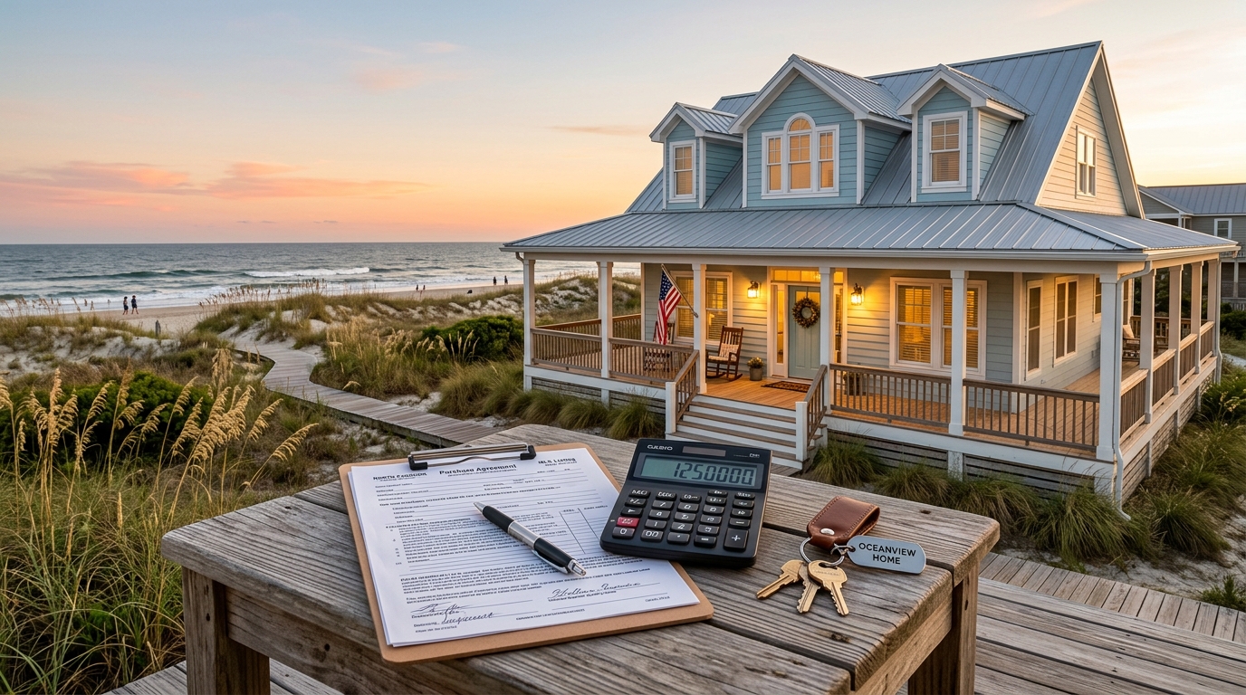 Surf City, NC beach home seller closing costs with contract, calculator, and keys