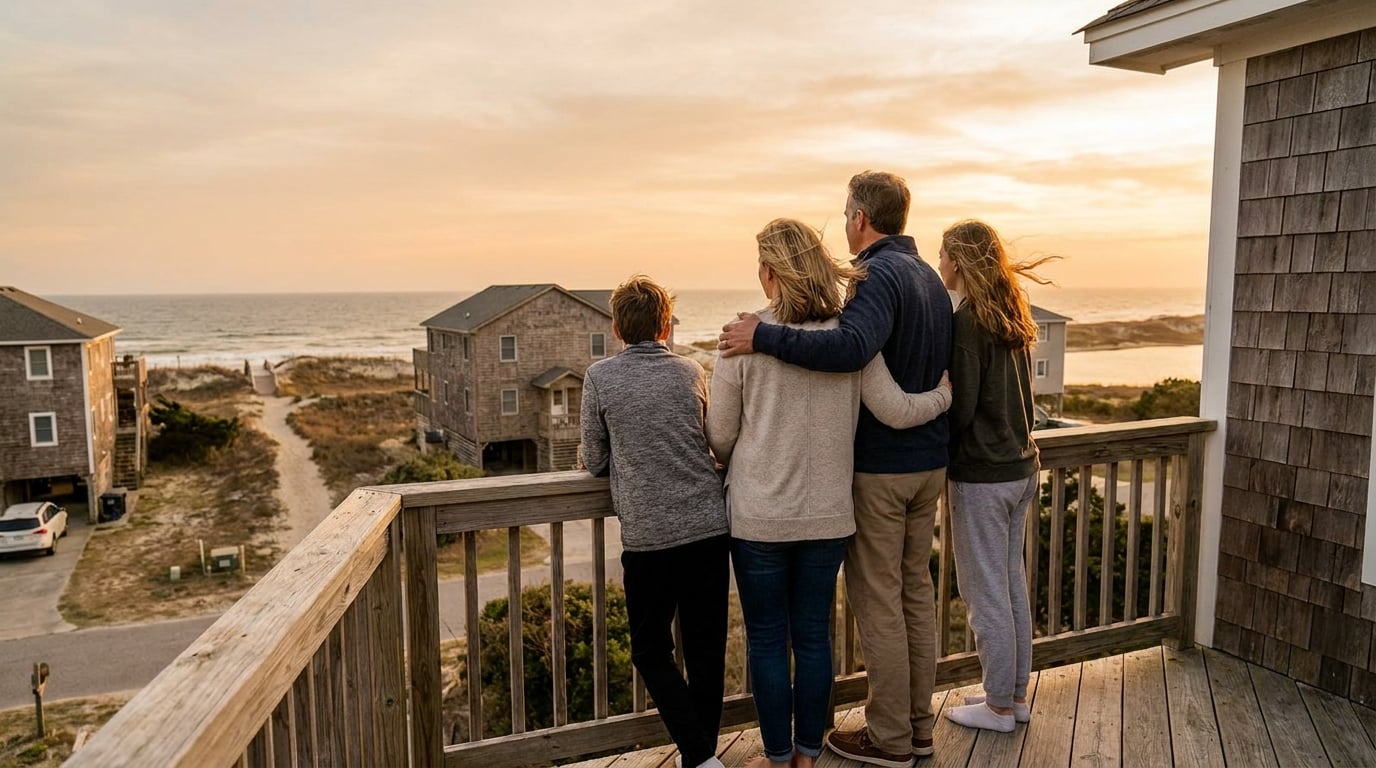Emerald Isle family comparing oceanfront second row and sound side homes