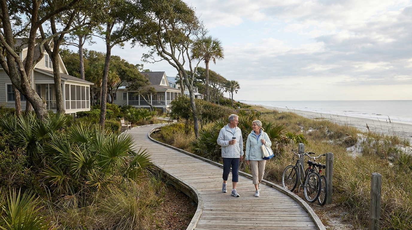 Couple walking beach path in Pine Knoll Shores, NC coastal community