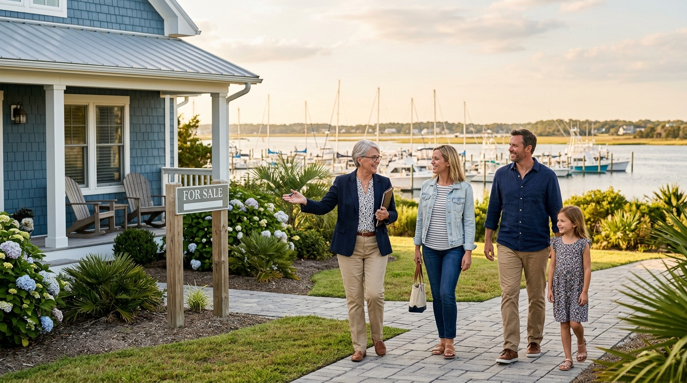 Family touring waterfront home in Morehead City, NC with local real estate agent