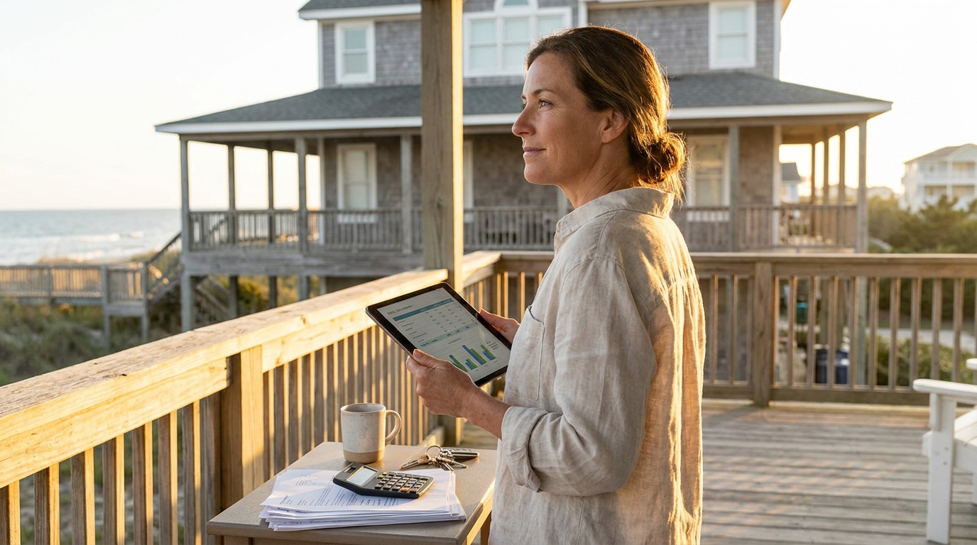 Woman reviewing Oak Island, NC coastal living costs near beachfront home