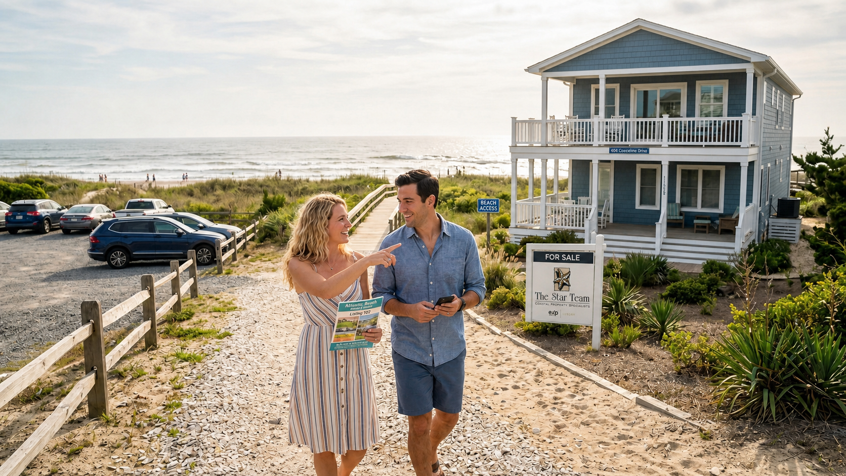 Couple touring Atlantic Beach, NC home for sale near ocean, planning a fast home sale