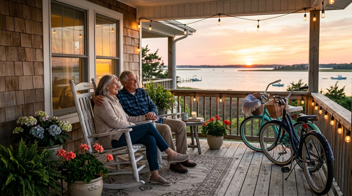 Retired couple enjoying year-round life on an Emerald Isle waterfront porch