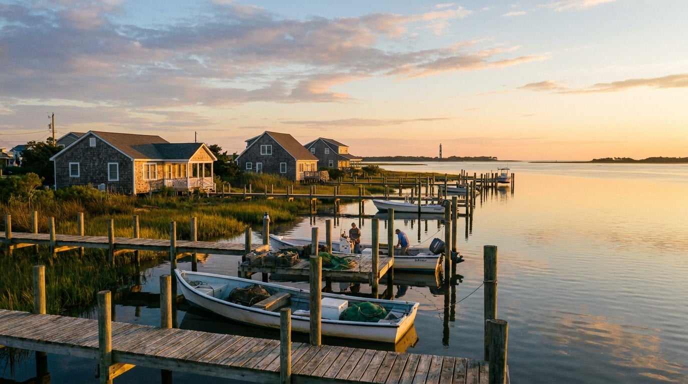 Harkers Island waterfront homes and working docks at sunset