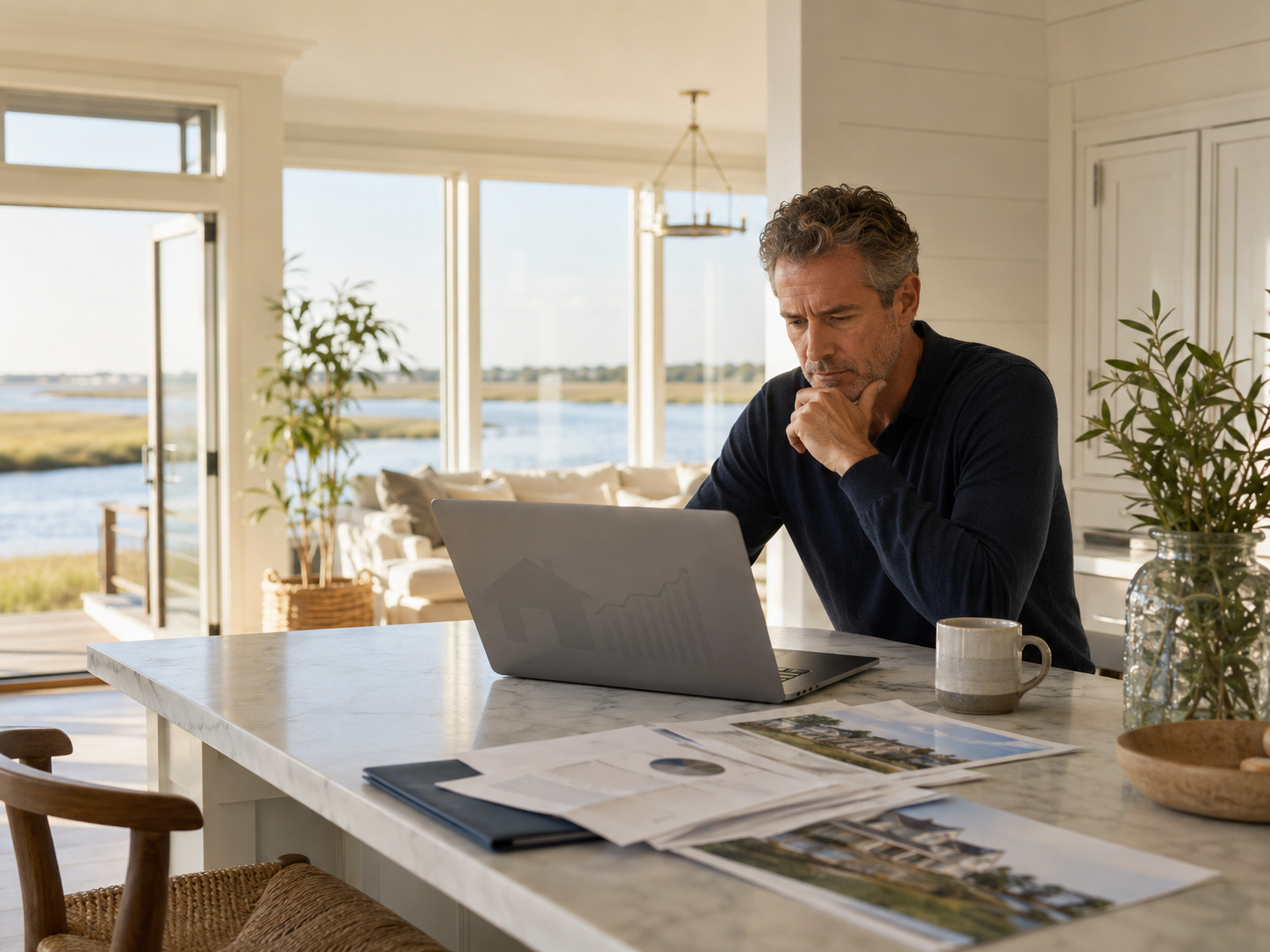 Coastal NC seller reviewing a waterfront home valuation system online