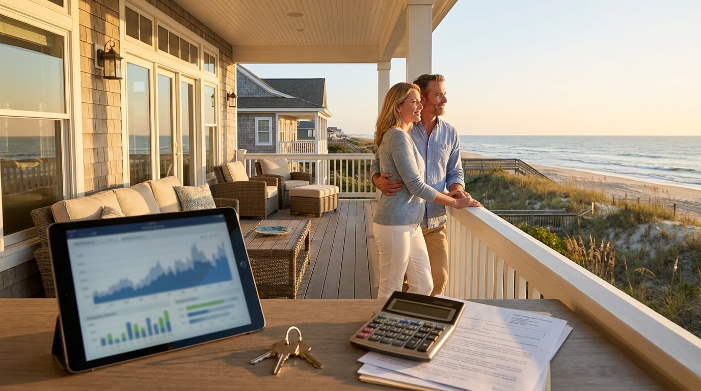 Coastal North Carolina vacation rental home overlooking the ocean at sunset