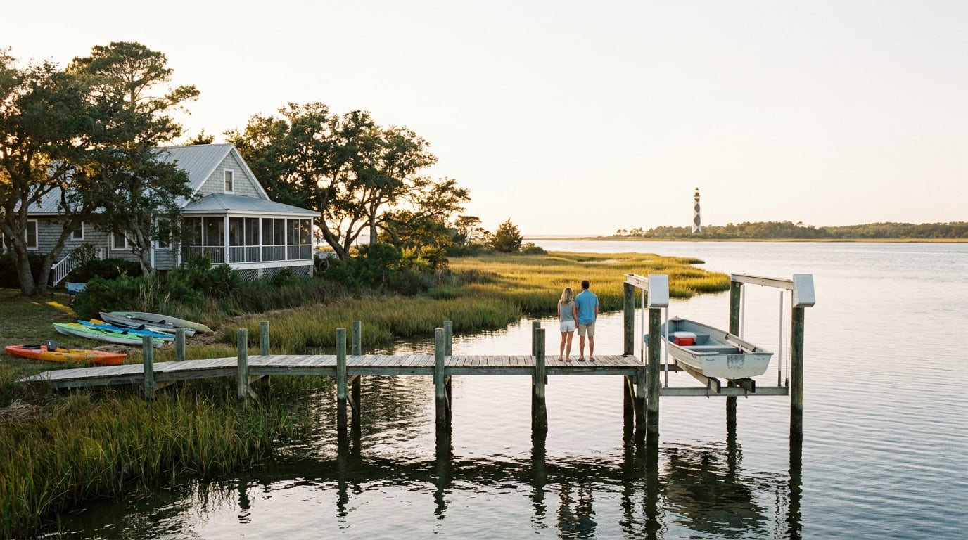 Down East NC waterfront home with private dock and Cape Lookout views