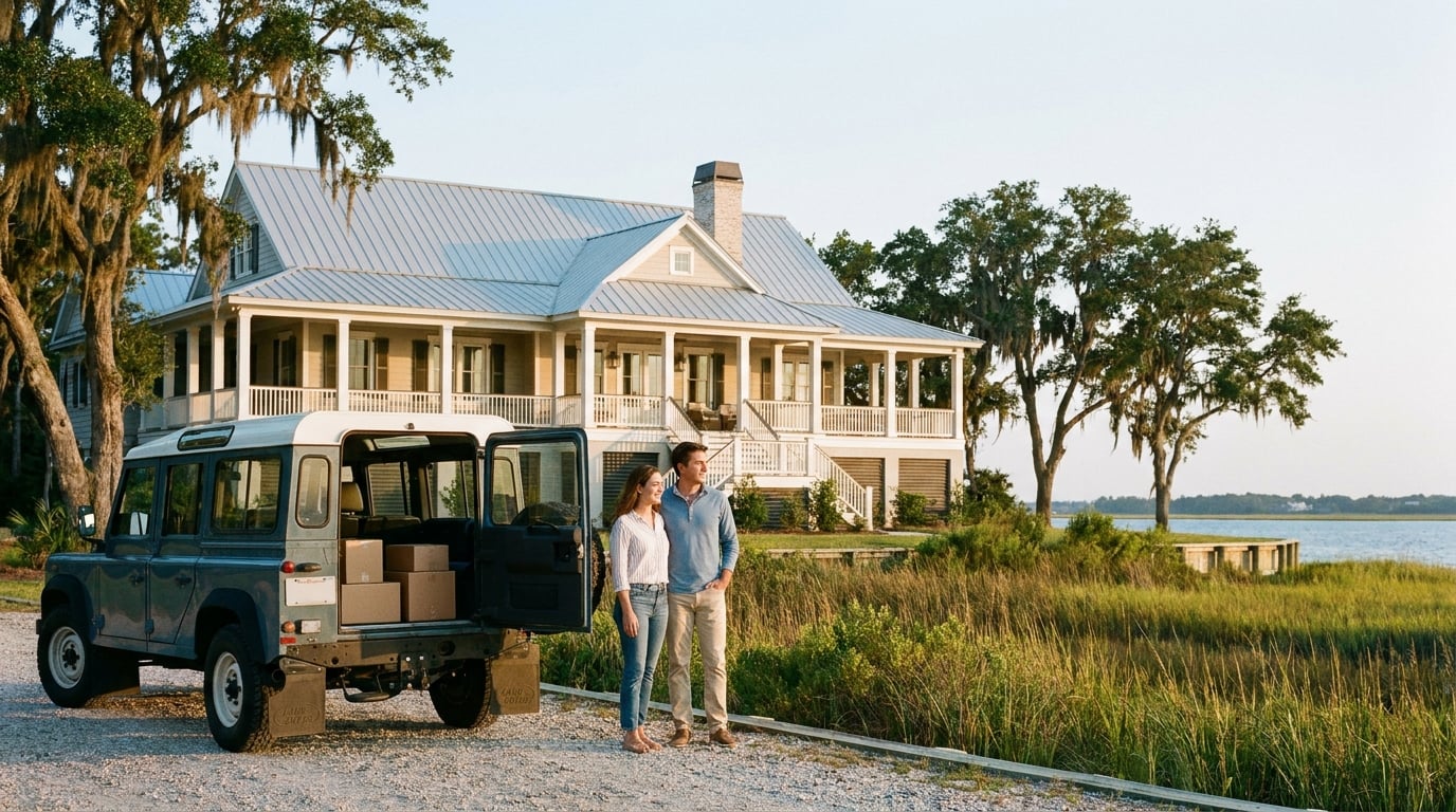 Couple using elite relocation assistance to move into a coastal North Carolina waterfront home