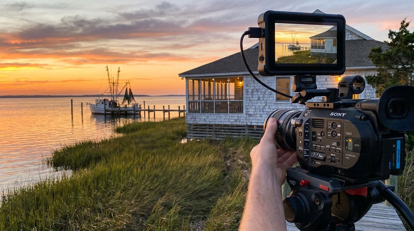 Harkers Island listing video filming a waterfront home at sunset