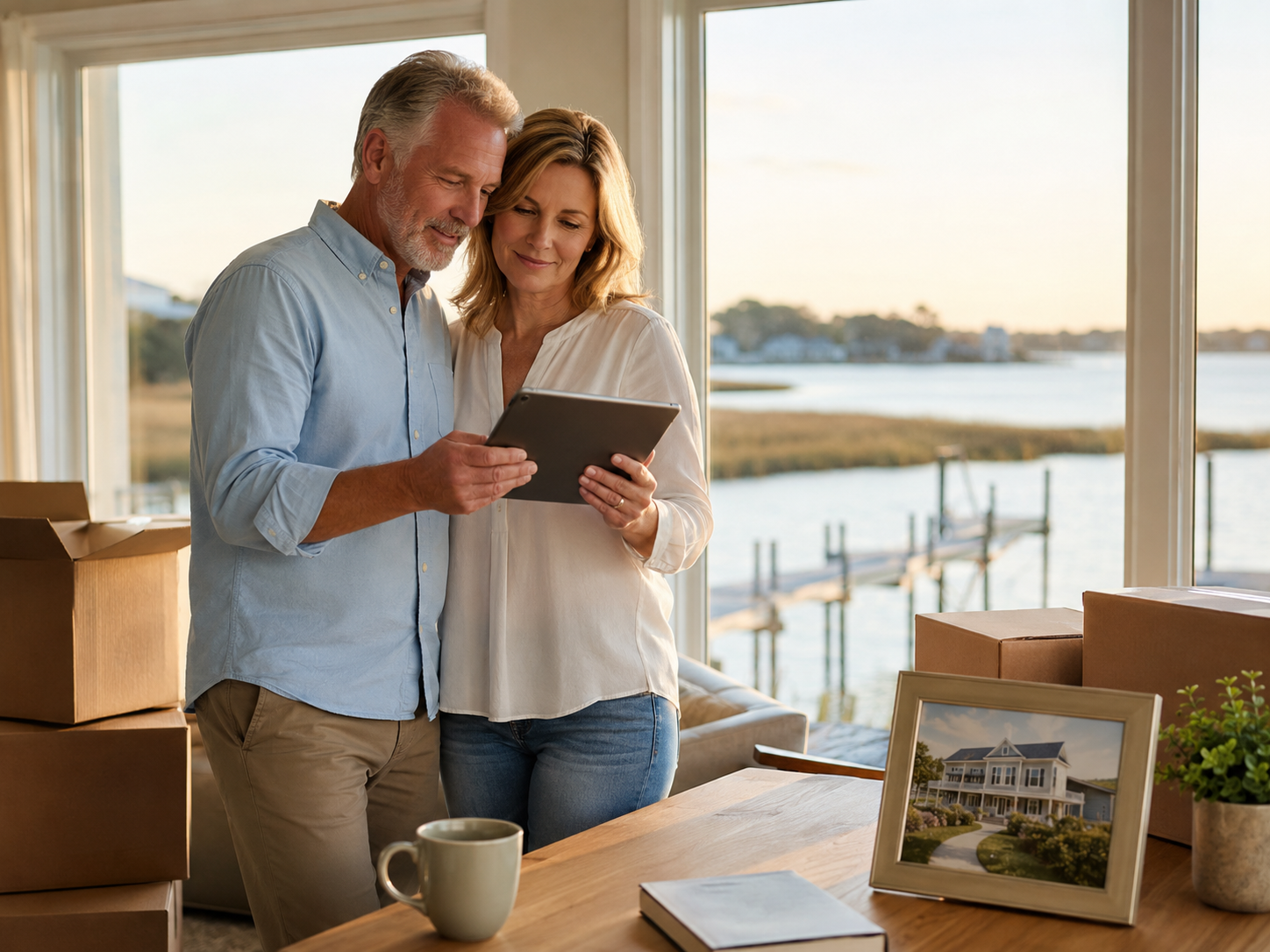 Coastal North Carolina couple reviewing an instant cash offer in their waterfront home