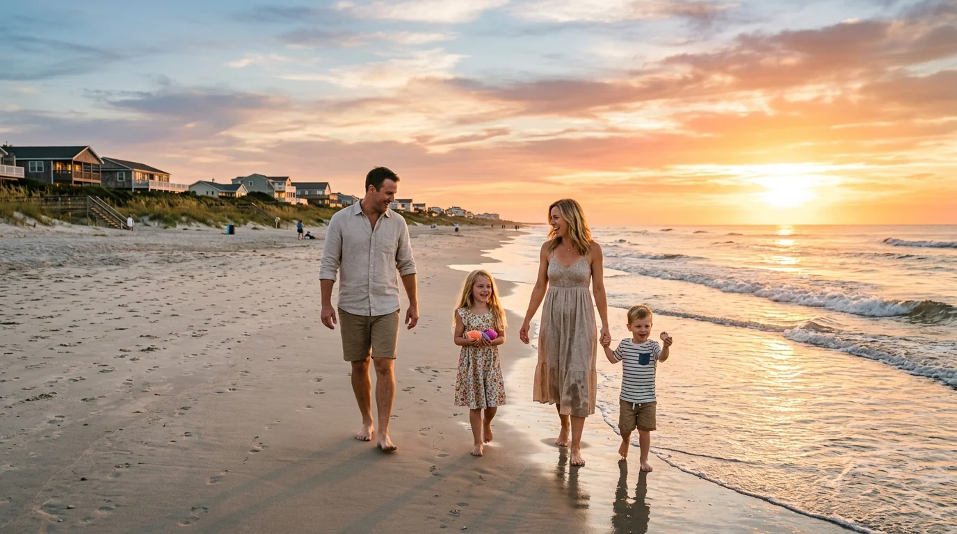 Family with kids walking Oak Island beach at sunset