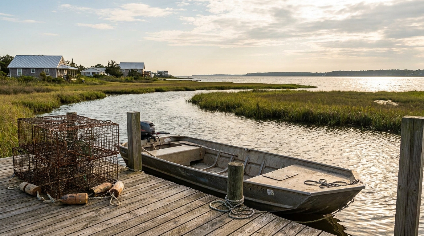 Down East NC waterfront with skiff, marsh, and coastal cottages