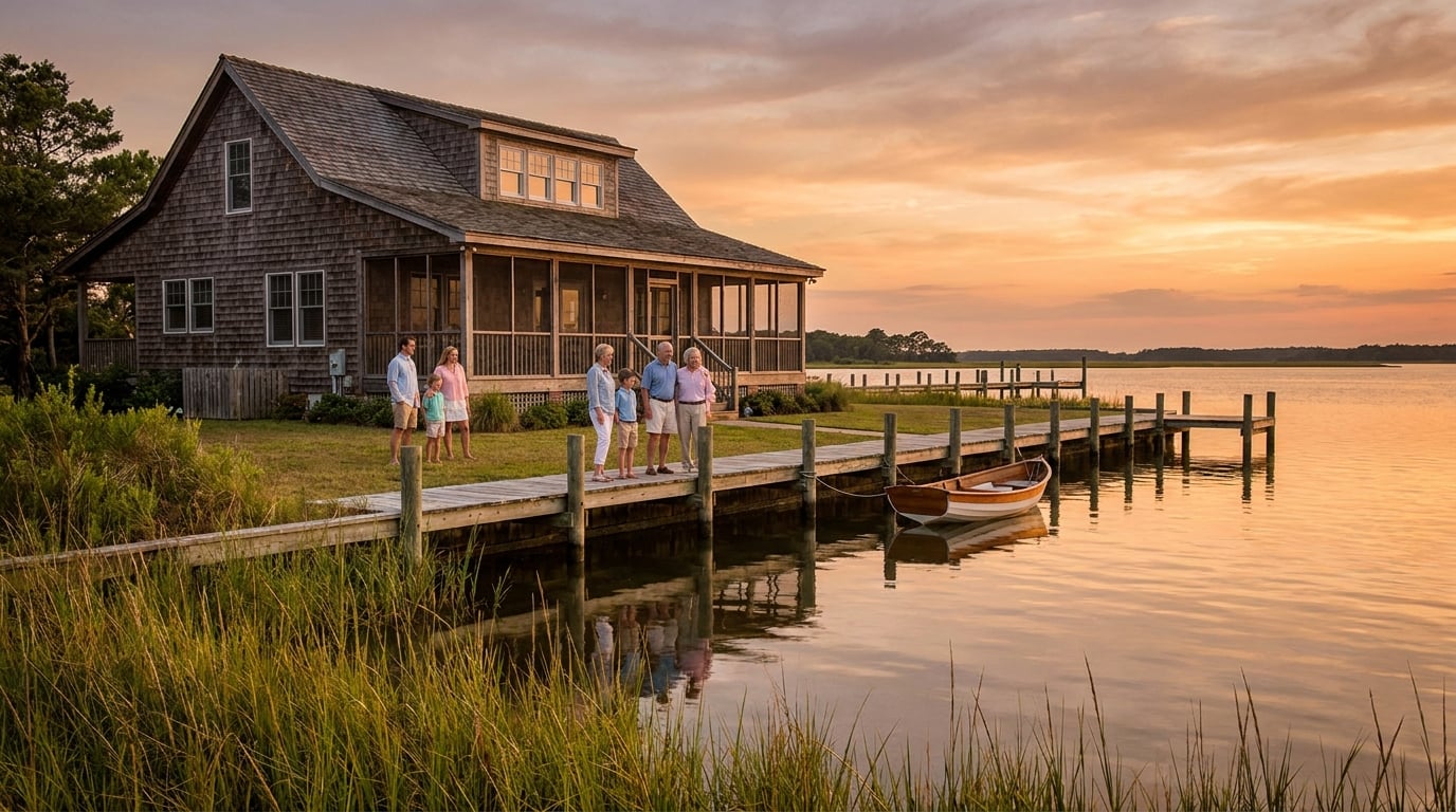 Harkers Island waterfront property with family by private dock at sunset