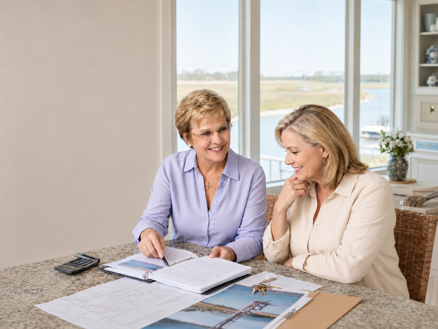 Coastal NC waterfront buyer reviewing property documents with a real estate advisor