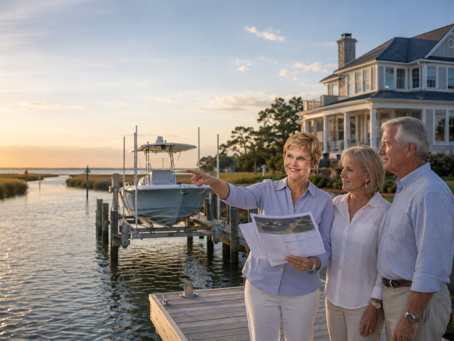 Boat owners tour a deep-water waterfront home on the Crystal Coast with an advisor