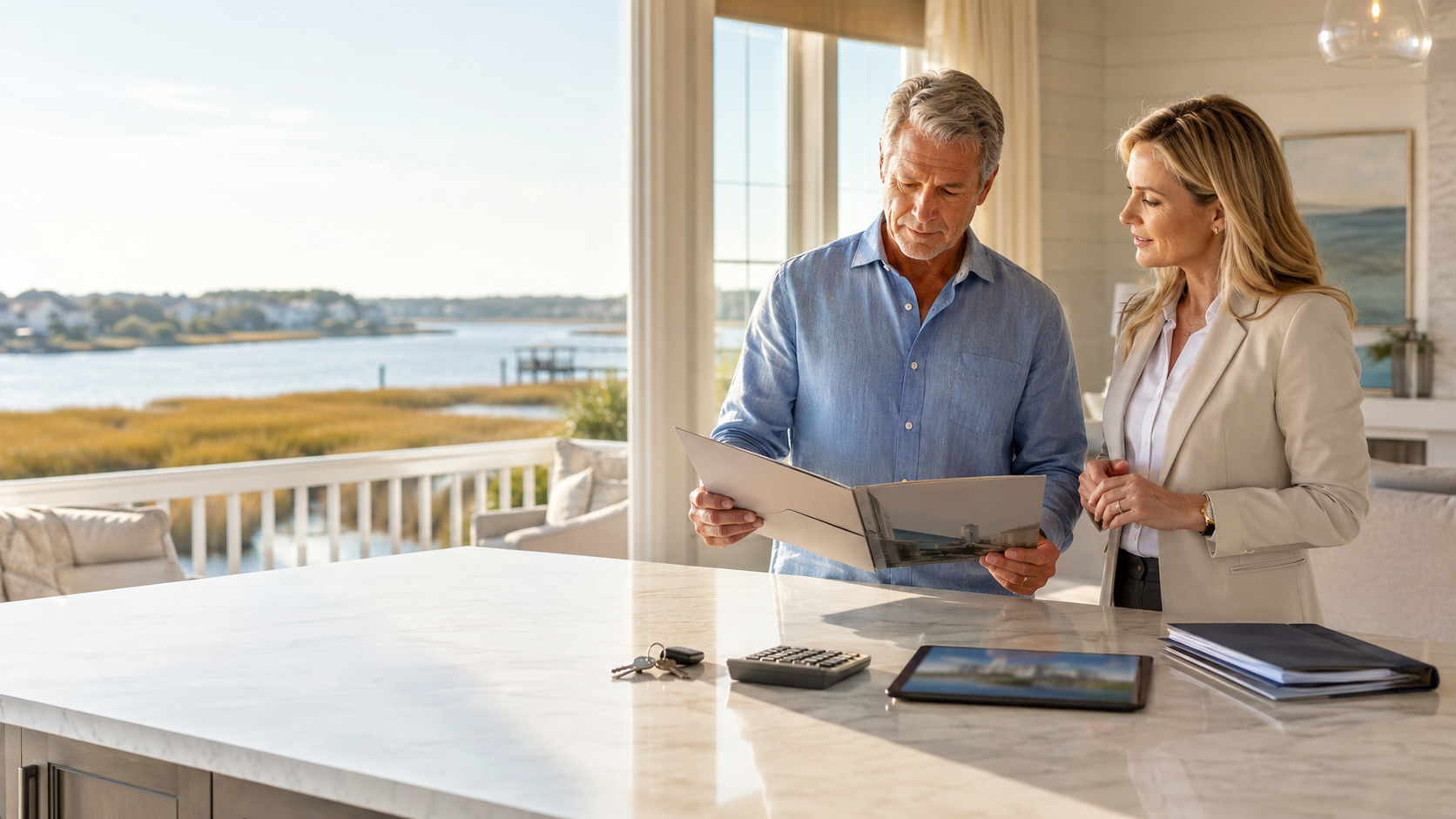 Coastal NC homeowner reviews selling plan with advisor by waterfront