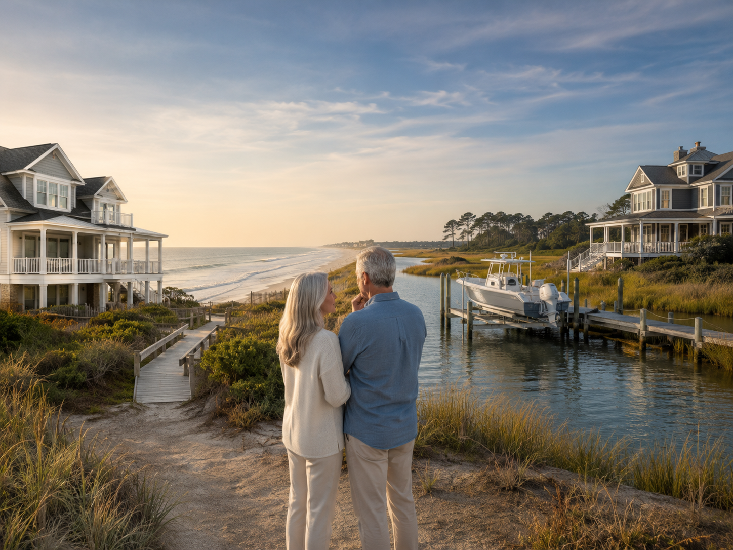 Couple comparing soundfront and oceanfront homes in Coastal North Carolina