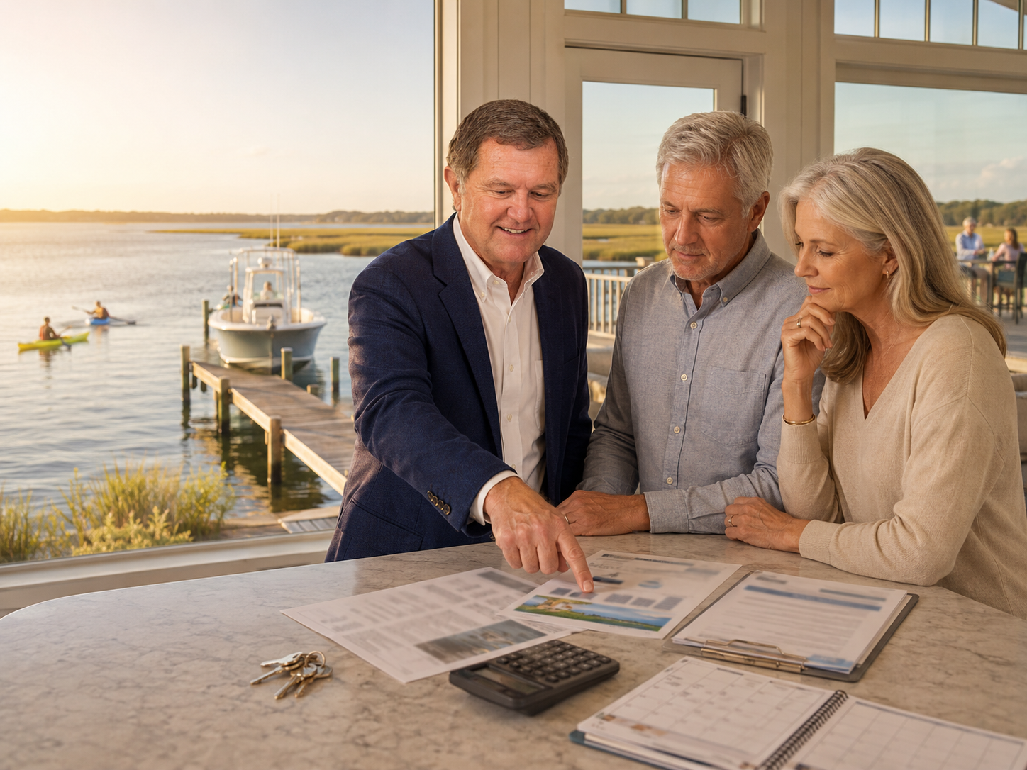 Couple reviewing a Coastal North Carolina waterfront vacation rental investment