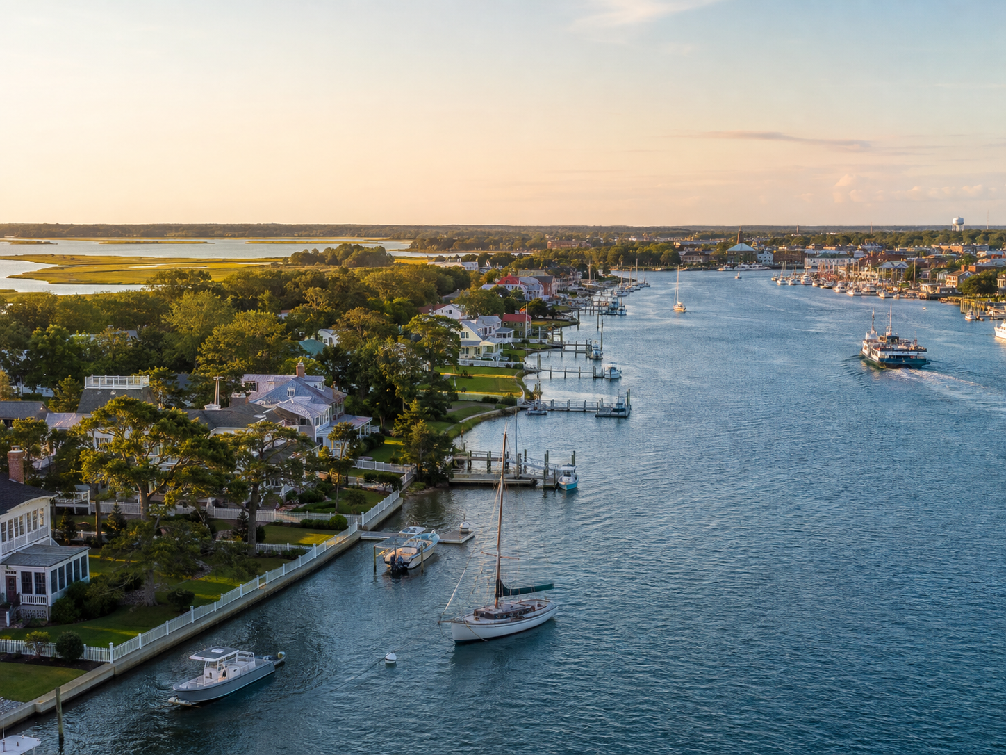 Beaufort, NC waterfront and marina at sunset for Beaufort vs Southport coastal comparison