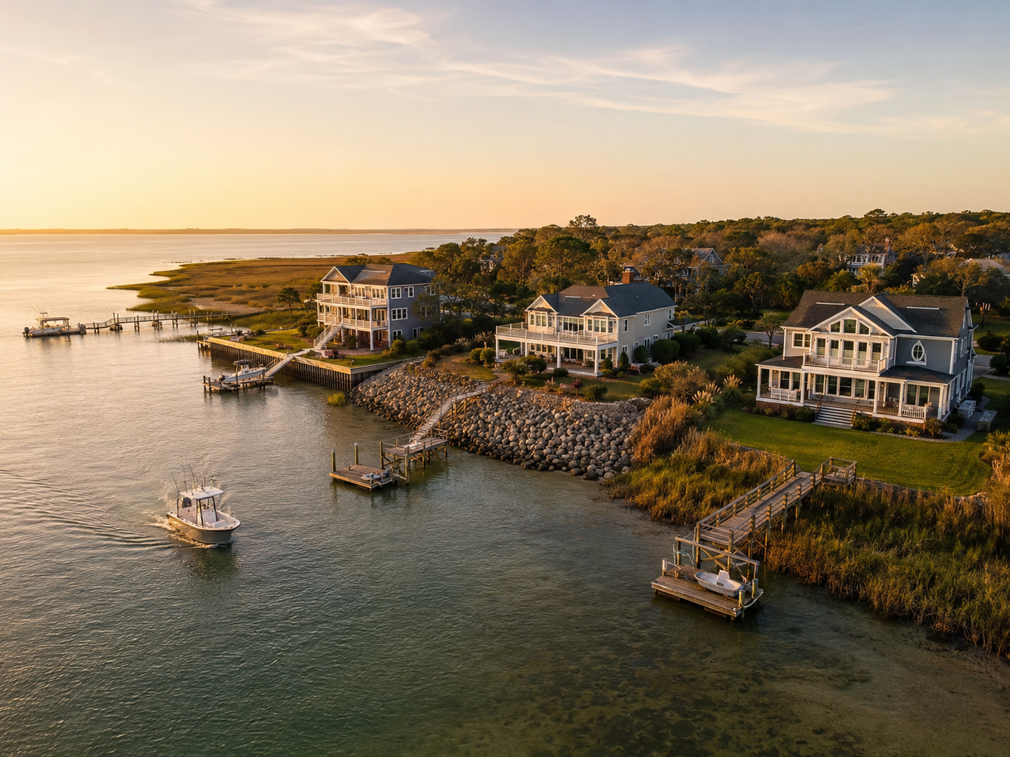 Crystal Coast homes with bulkhead, riprap and living shoreline