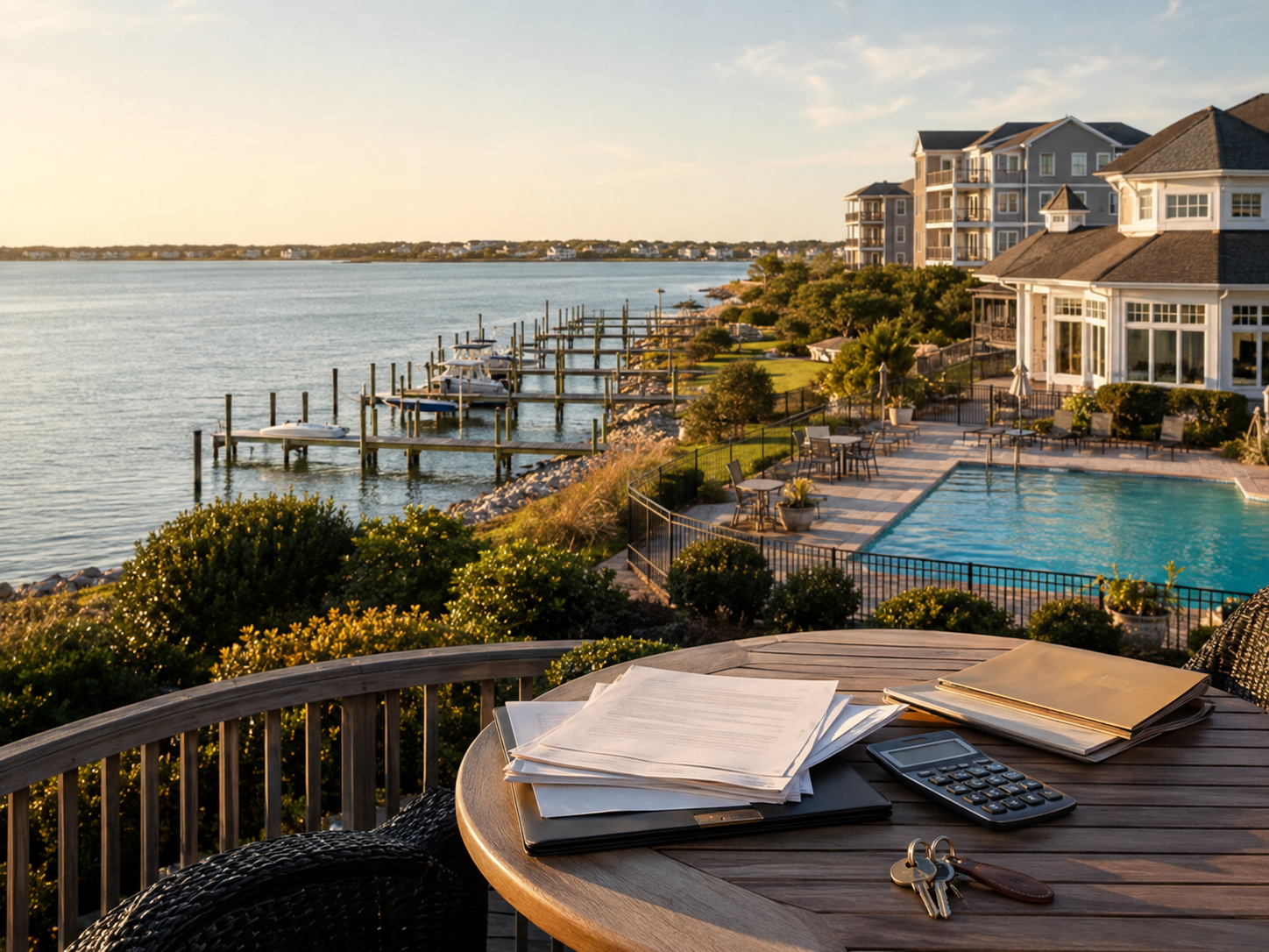 Crystal Coast HOA community with pool, docks, condos and documents showing shared costs
