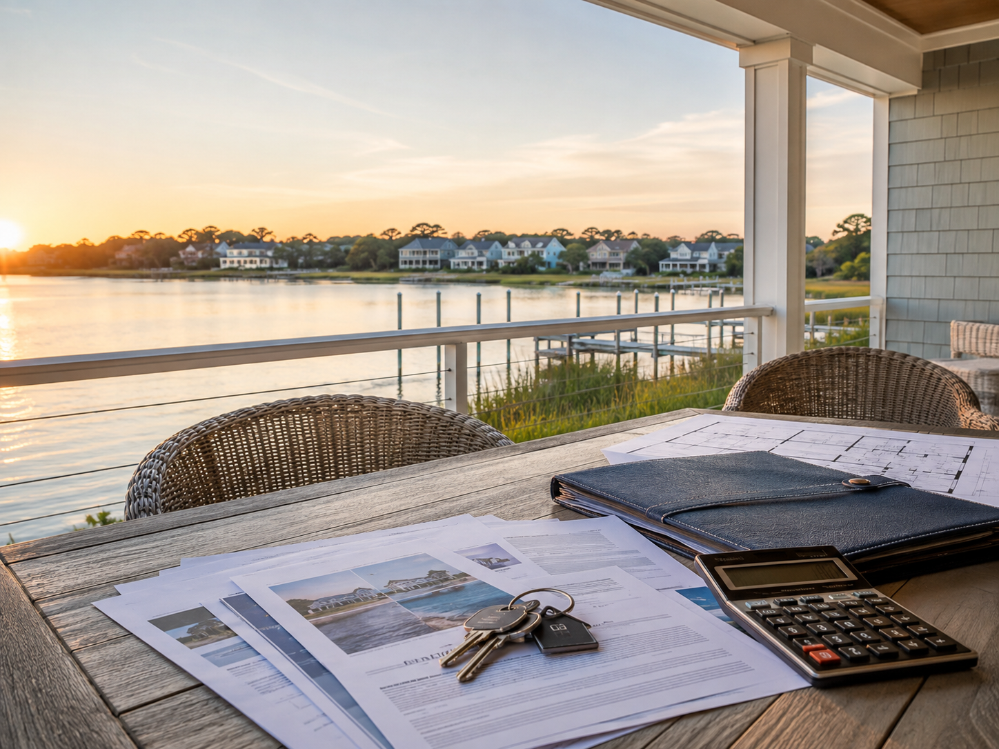 Crystal Coast wind and hail deductible documents on a waterfront home porch