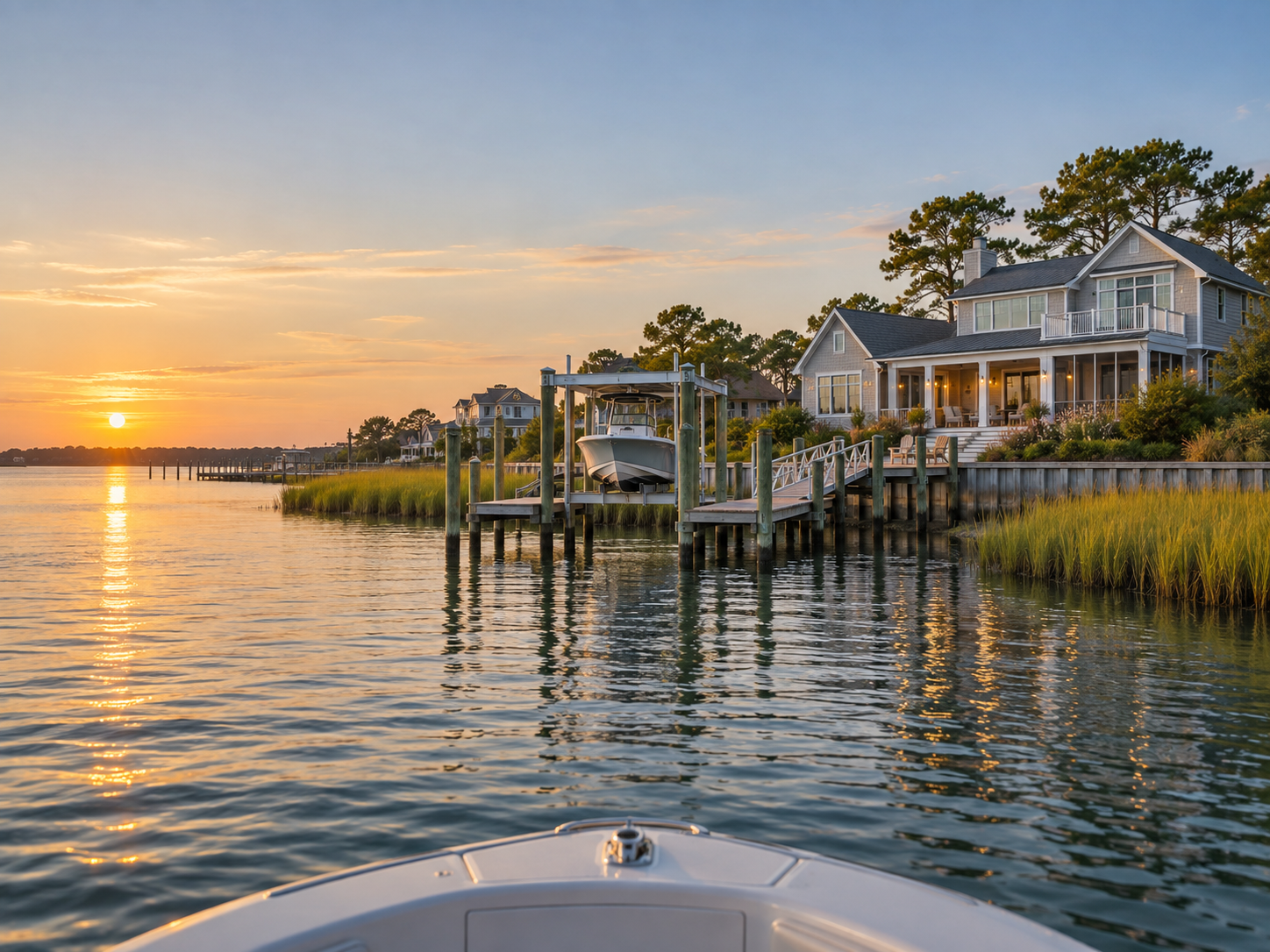 Morehead City waterfront home with dock, boat lift and Bogue Sound sunset