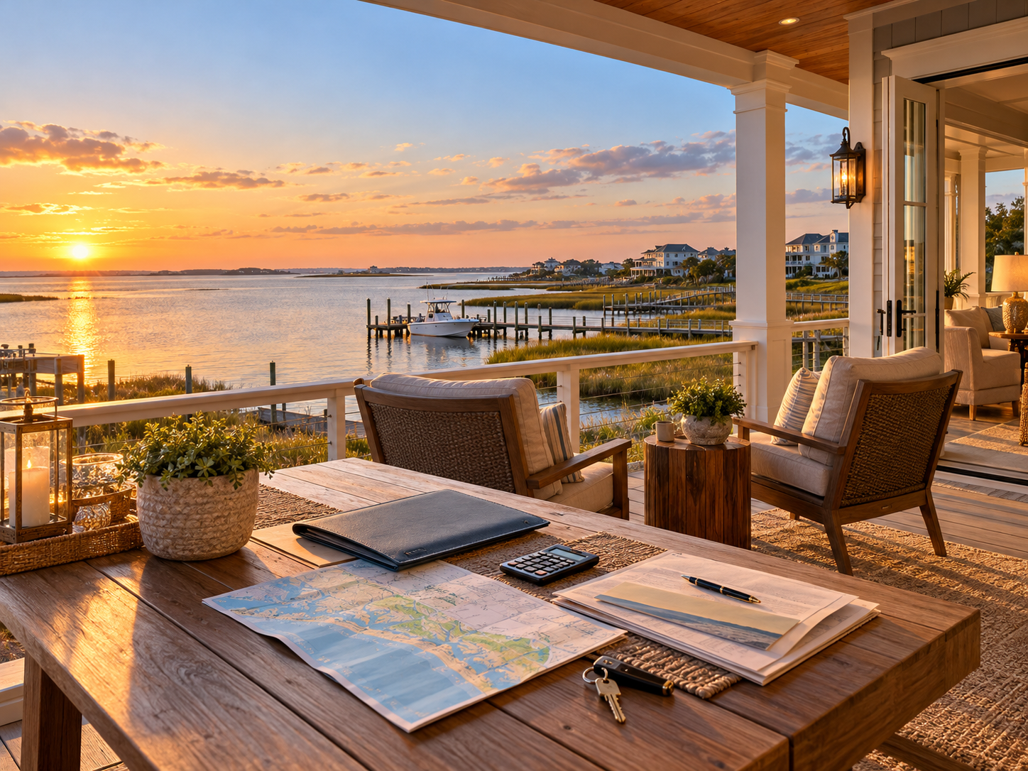 Crystal Coast NC beach house with waterfront porch, dock, and sunset views over Bogue Sound