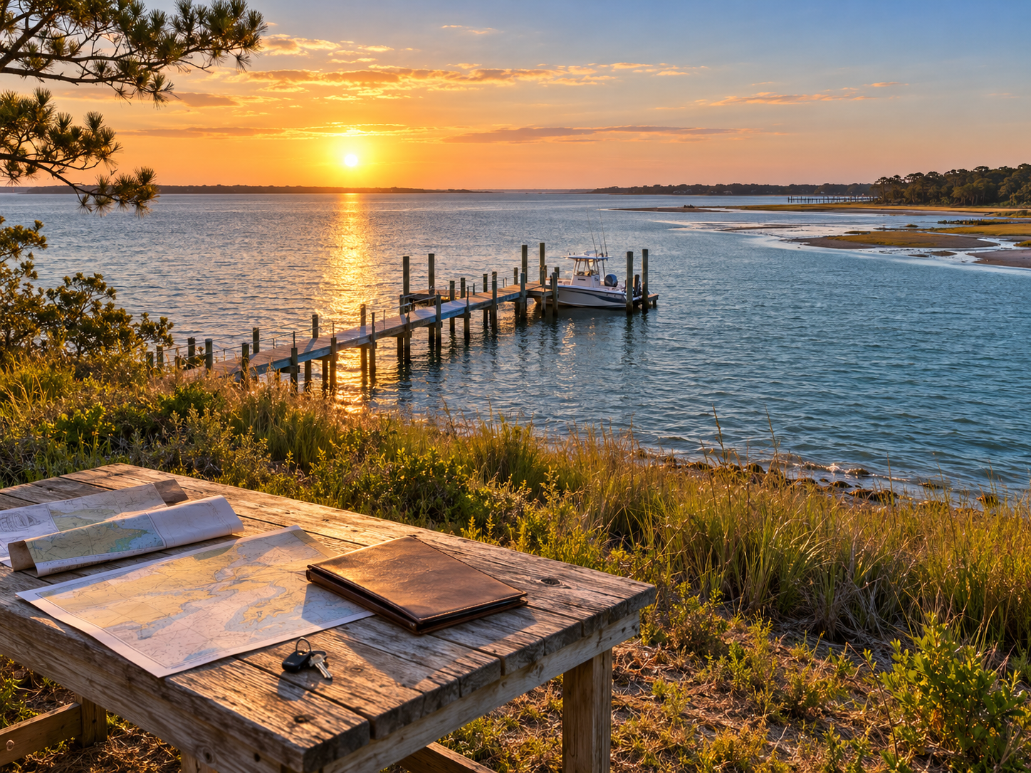 Carteret County waterfront property with dock and survey showing tax value vs. market price