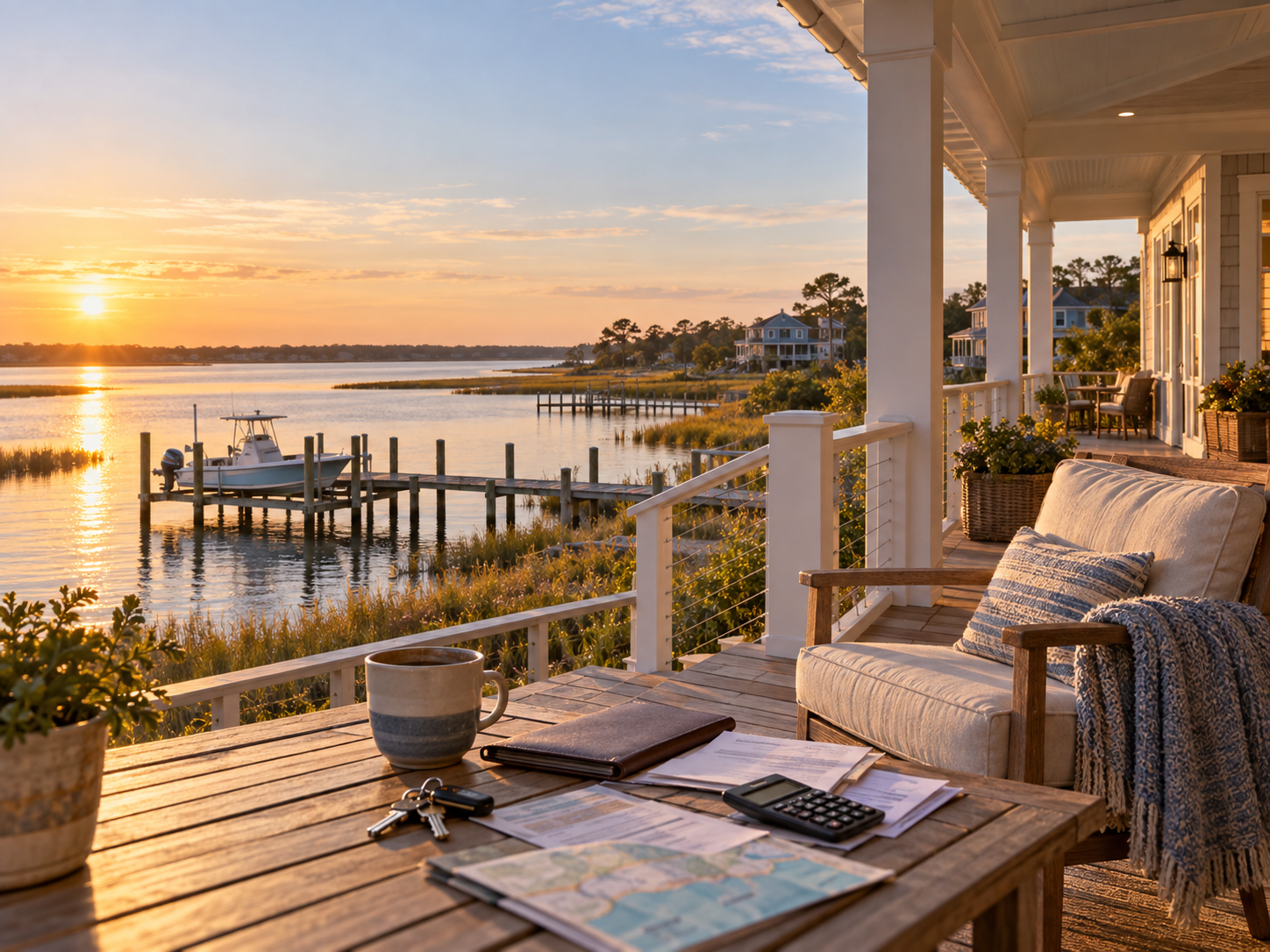 Second home on the North Carolina coast with waterfront porch, dock, boat and sunset