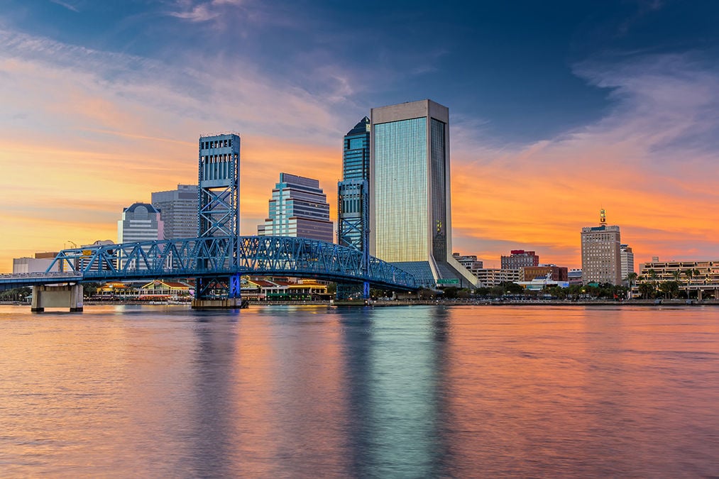 Skyline of Jacksonville, FL and Main Street Bridge at Dusk