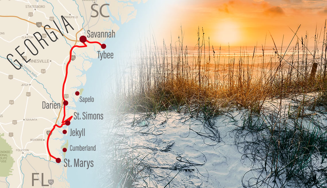 road map of the georgia coastline with a road trip route plotted