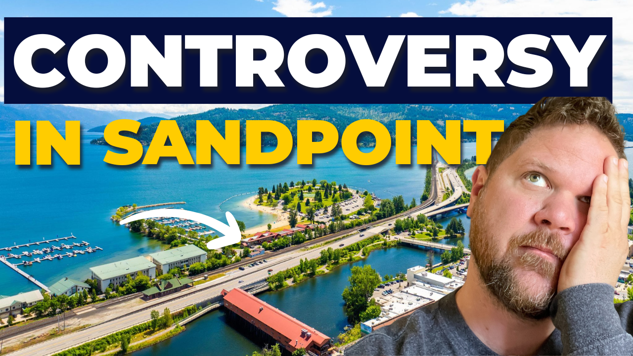 Ben Geanetta, a Sandpoint, Idaho realtor, reacting to a controversy about the town’s growth. The background features an aerial view of downtown Sandpoint, City Beach, and the Long Bridge. This thumbnail is for a YouTube video discussing Sandpoint’s rapid development and the debate over its future