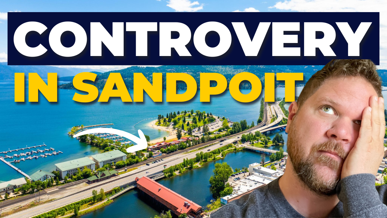 Ben Geanetta, a Sandpoint, Idaho realtor, reacting to a controversy about the town’s growth. The background features an aerial view of downtown Sandpoint, City Beach, and the Long Bridge. This thumbnail is for a YouTube video discussing Sandpoint’s rapid development and the debate over its future