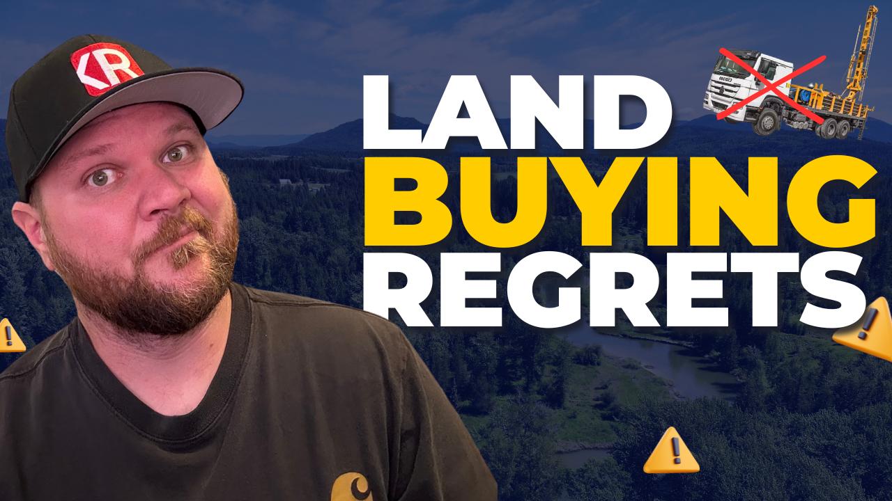 Ben Geanetta, a Sandpoint realtor, looking concerned with a background of wooded land and bold text reading "Land Buying Regrets." This image is used for a blog about the 10 mistakes to avoid when buying land in Sandpoint, Idaho.