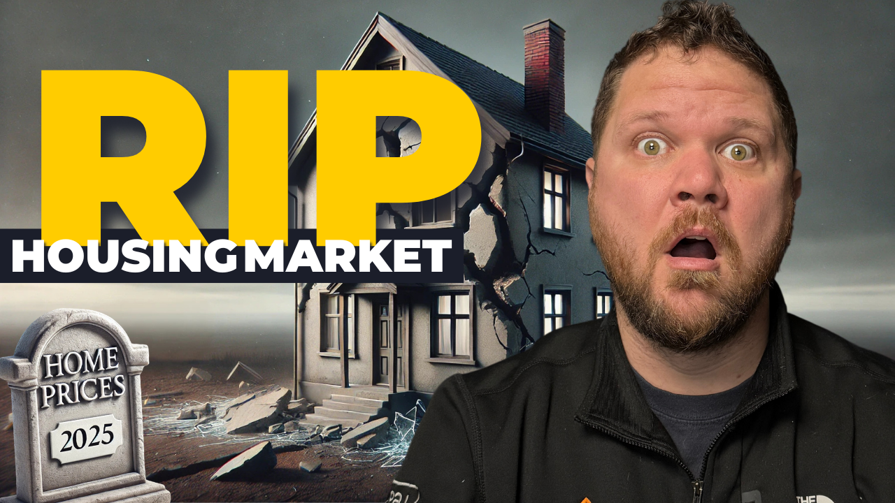 Ben Geanetta, a Sandpoint, Idaho realtor, reacting to a crumbling house with "RIP Housing Market" text overlay. This image is used for a blog post discussing the 2025 housing market trends in Sandpoint and potential impacts on home prices.