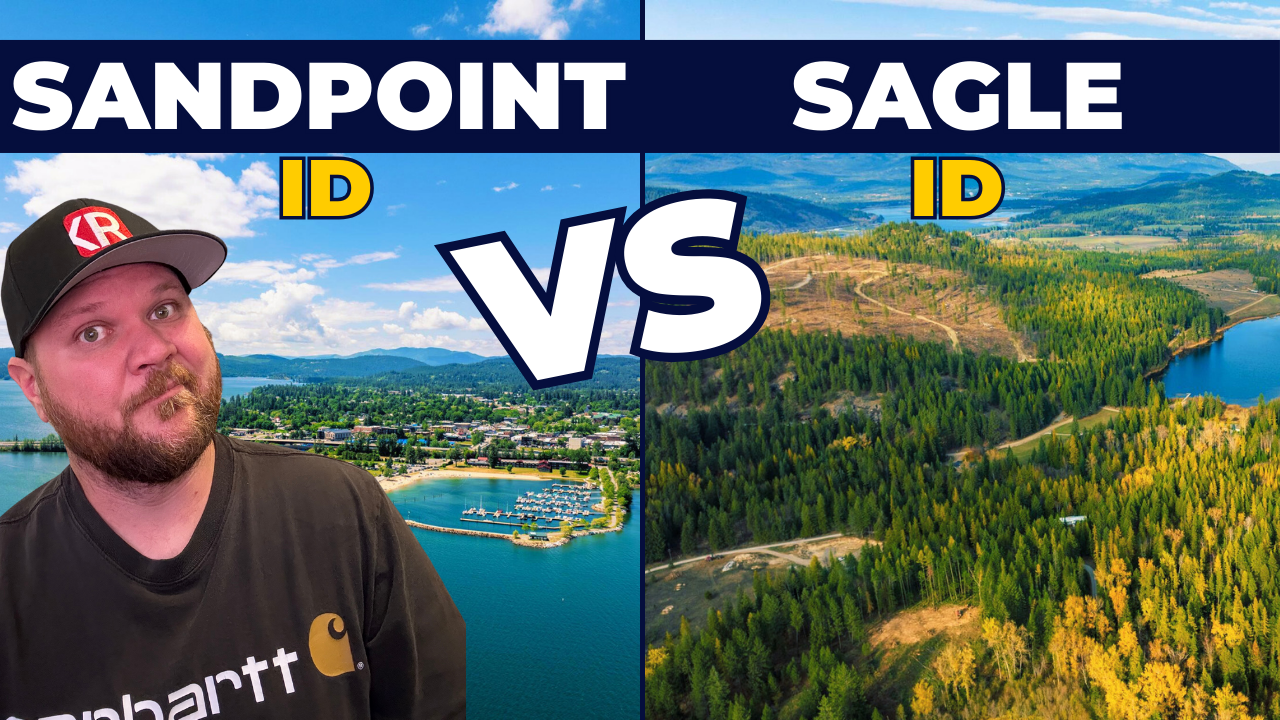 Sandpoint vs. Sagle, Idaho – Real estate comparison by Realtor Ben Geanetta. YouTube video thumbnail featuring a split-screen of Sandpoint's waterfront and Sagle's forested land, highlighting differences in lifestyle and property types. Ben Geanetta, a local real estate expert, provides insights for home buyers and relocation seekers.