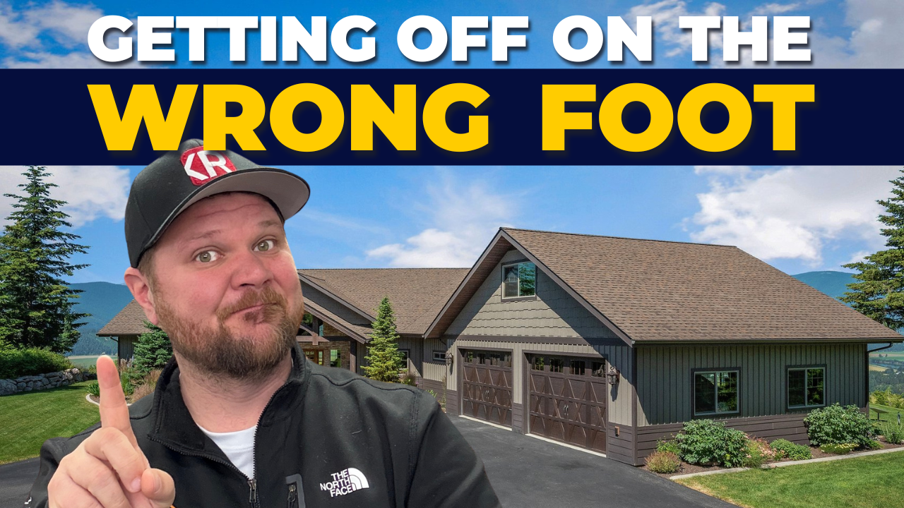 Ben Geanetta, a Realtor in Sandpoint, Idaho, standing in front of a luxury home with text overlay 'Getting Off on the Wrong Foot.' Real estate tips for home buyers in North Idaho