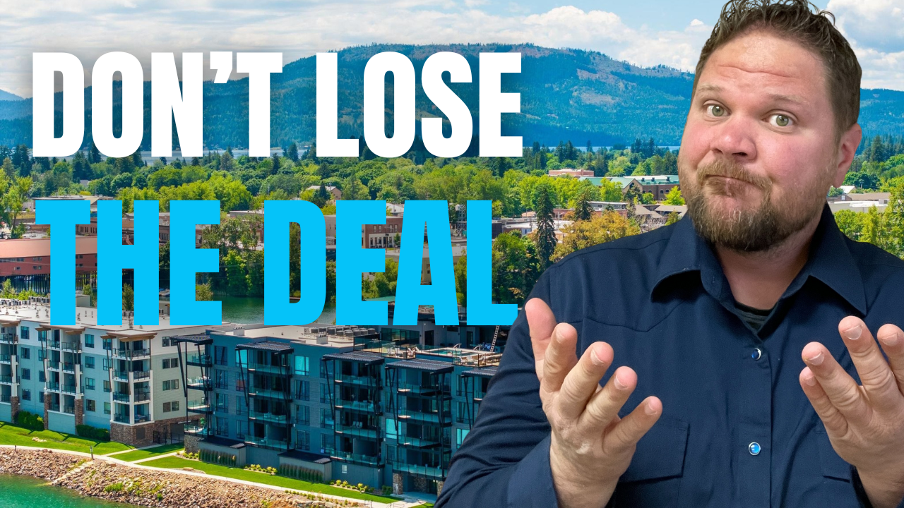Ben Geanetta, Sandpoint Idaho realtor, standing in front of Lake Pend Oreille condos with text 'Don't Lose the Deal'—highlighting tips for home buyers and sellers to avoid real estate mistakes in North Idaho.