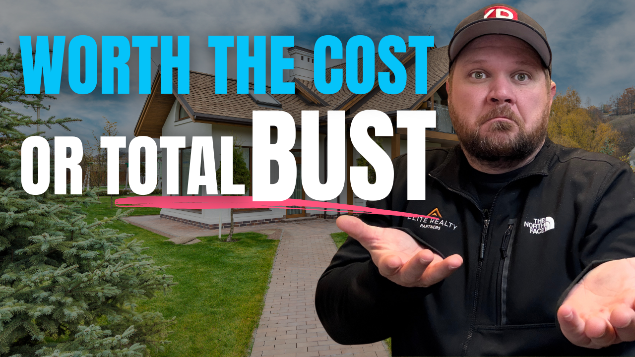 a photo of Ben Geanetta, a realtor in Sandpoint idaho. text on photo reads "worth the cost or total bust." In the background is a photo of a house and a green grass